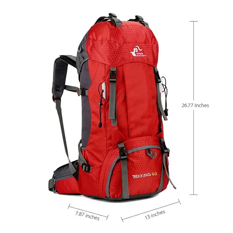 60L Camping Hiking Backpacks Men Outdoor Tourist Backpacks Nylon Sport Bag for Climbing Travelling with Rain Cover Free Knight